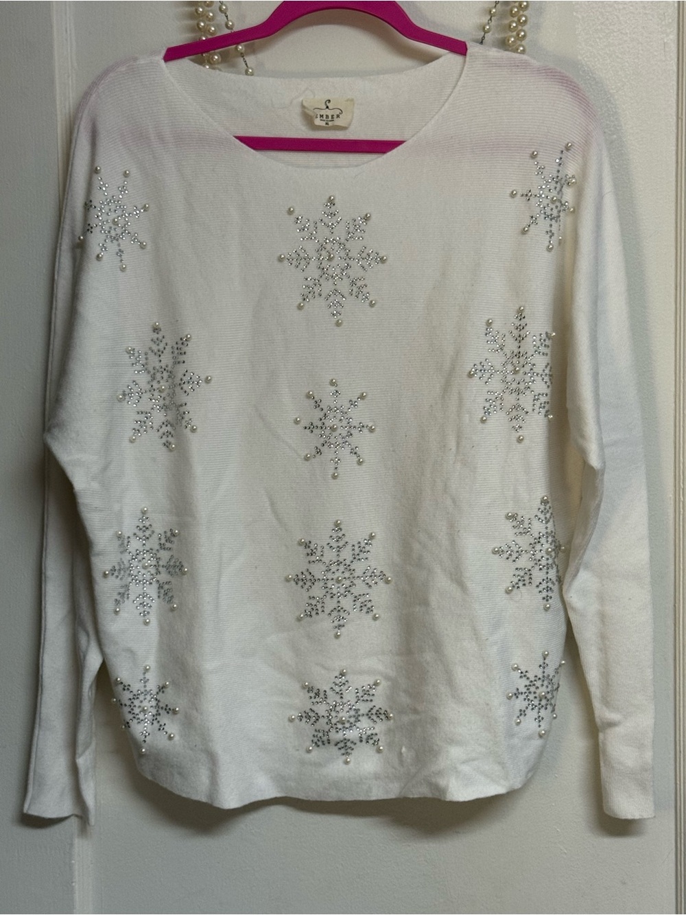 Embellished White Snowflake Knit Sweater - Women XL